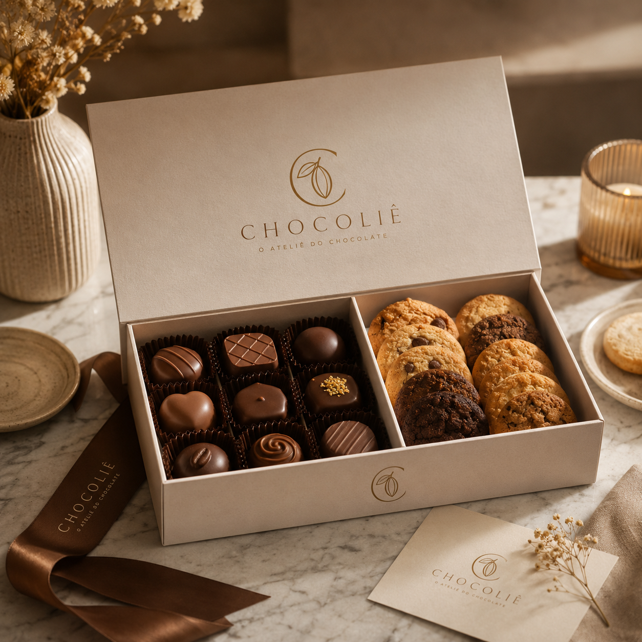 Caixa Chocoliê com bombons artesanais e cacau